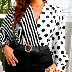 Black and white pin stripped cross with polka dots blouse